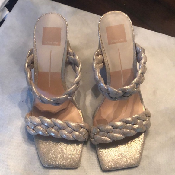 *NEW dolce vita gold lame braided sq toe sandal slide on chunky heels - Picture 2 of 11